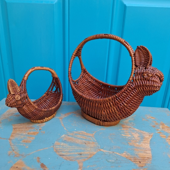 2 Vintage Wicker Basket Art Bunny Rabbit Woven Basket Animal Boho Easter Decor - Picture 4 of 16